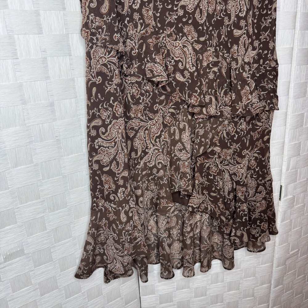 Brown Paisley Tiered Ruffle High-Low Midi Skirt Womens Large Boho - Picture 2 of 6